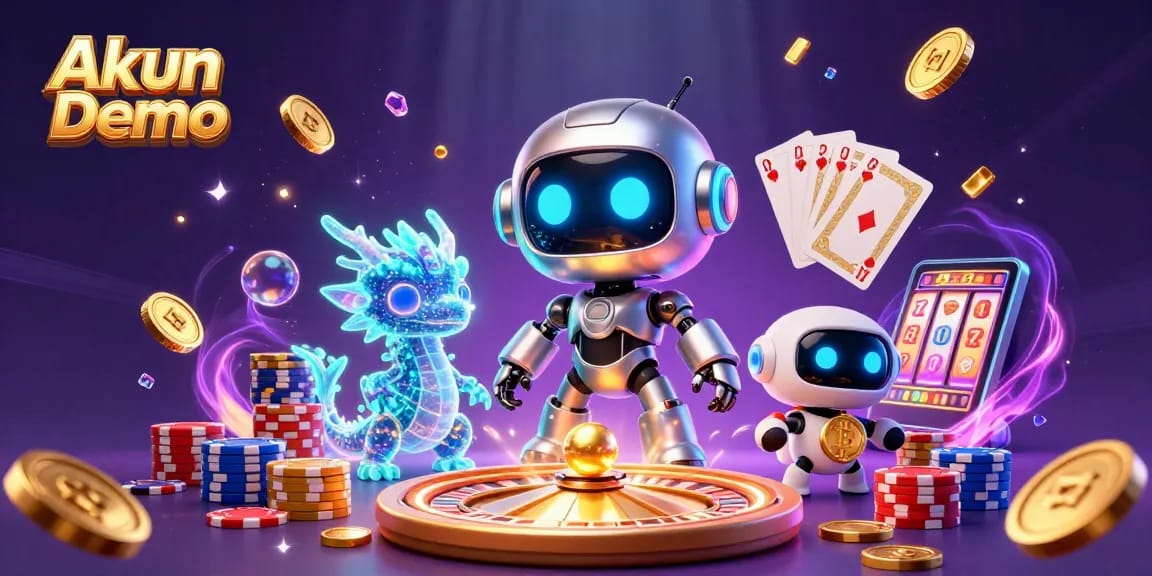 Win big with Akun Demo in this vibrant 3D casino scene showcasing exciting gaming elements.