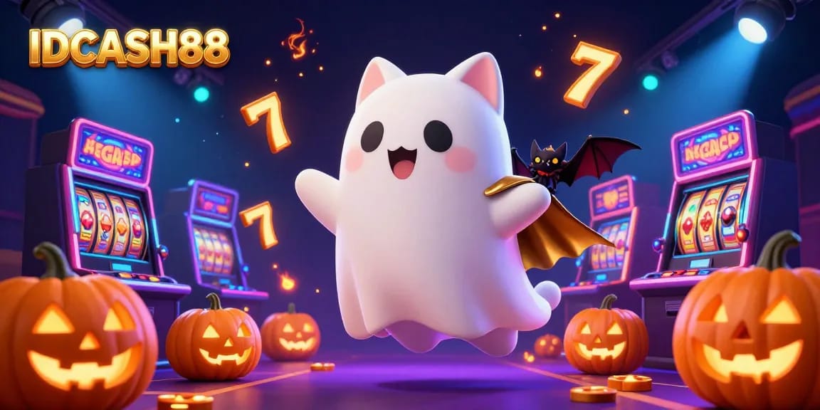 Experience the thrill of winning at IDCASH88 with a lively ghost cat and gaming elements.