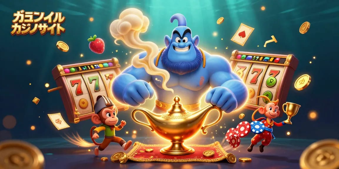 オンラインカジノサイトでスロットとゲームを楽しむ様子を描いたイラスト