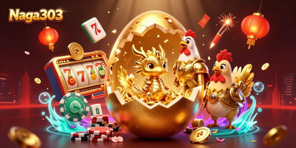 Naga303 offers exciting slot gameplay featuring a golden dragon and poker chips amidst festive casino symbols.
