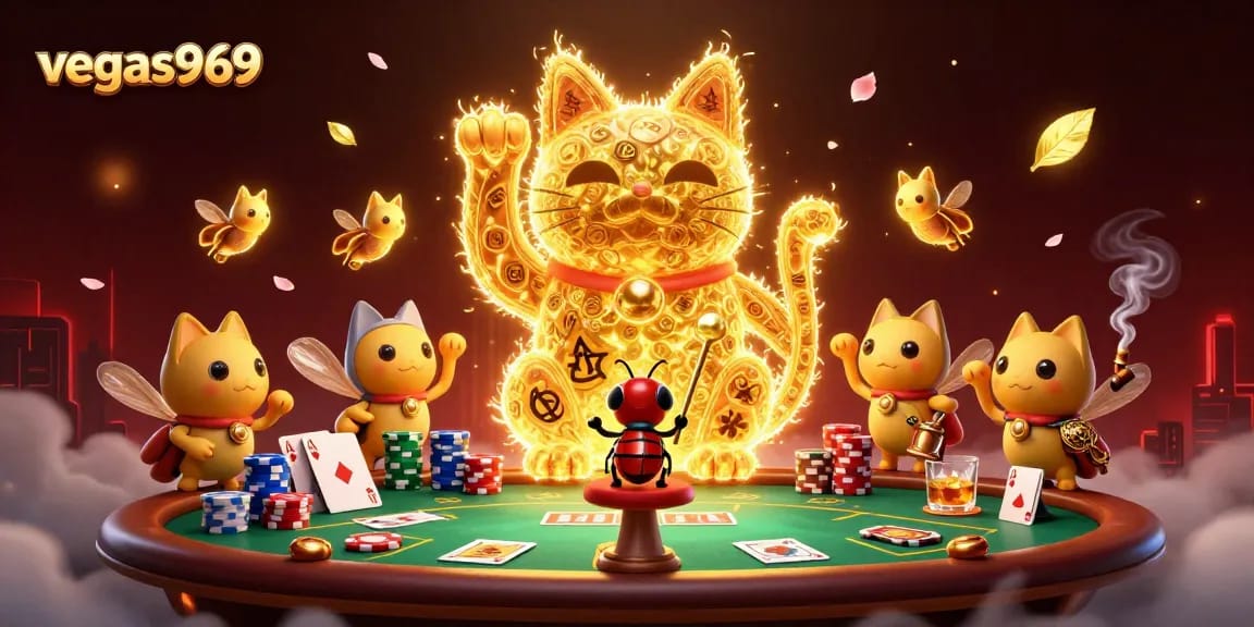 Experience the excitement of vegas969 with a vibrant 3D casino illustration showcasing a lucky cat amid dynamic games.