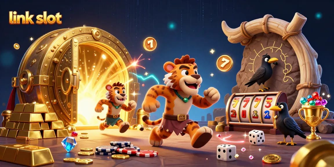 Experience thrilling wins at link slot with vibrant 3D casino illustration featuring caveman and saber-tooth.