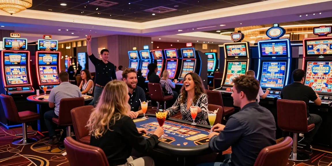 Scène de jeu de casino en ligne France légal avec des joueurs profitant des jeux, lumières colorées et ambiance vibrante.