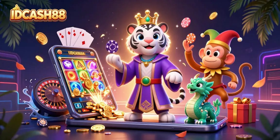 Experience the vibrant world of IDCASH88 with a playful illustration full of gaming elements.