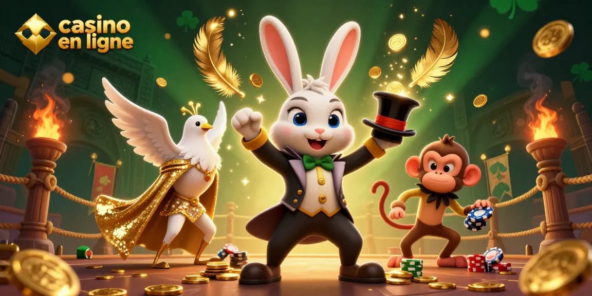 Le casino en ligne propose une illustration colorée avec un lapin magicien tirant des pièces d'or d'un chapeau.