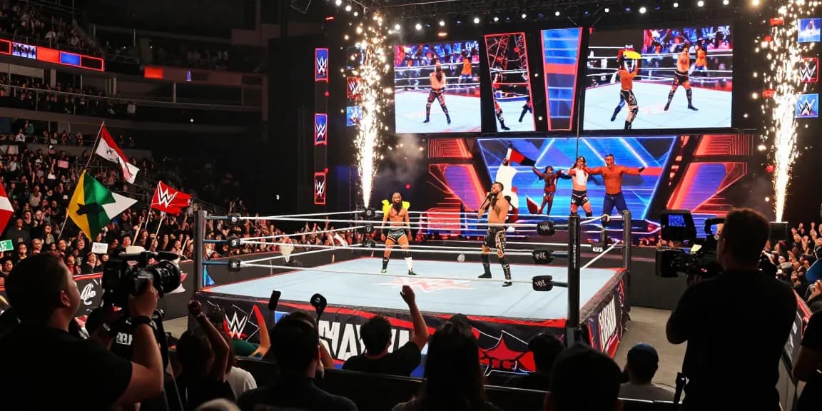 WWE Saudi Arabia wrestling event atmosphere with cheering fans and colorful lights