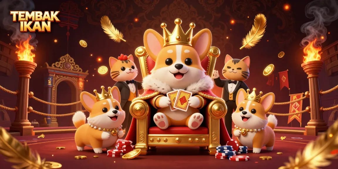 Engage with TEMBAK IKAN as royal corgi rules the casino throne amidst vibrant gaming elements.