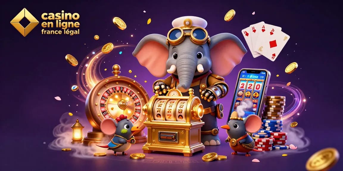 Participez à un casino en ligne france légal avec cette scène vibrante mettant en vedette un éléphant steampunk et des éléments de jeu.