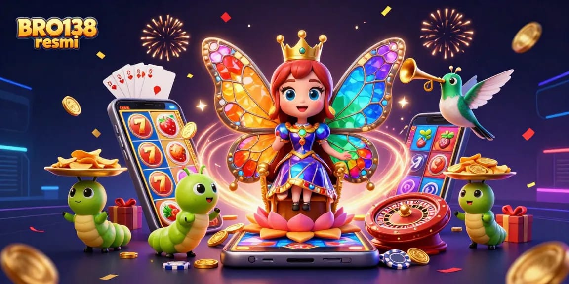 Experience the excitement of BRO138 resmi with vibrant slot game action and engaging characters in a colorful casino scene.