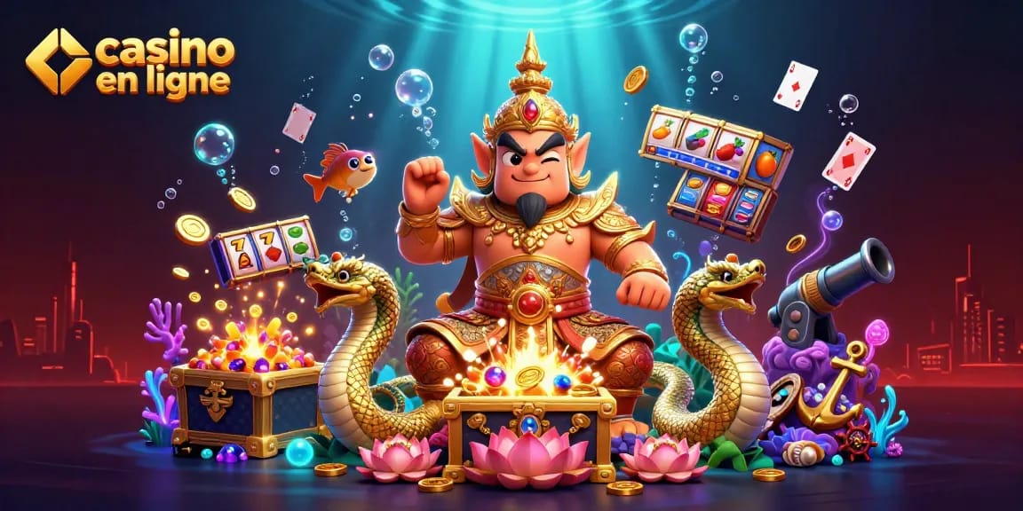 Casino en ligne animé avec un gardien et des éléments de jeux, capture l'essence de l'excitation.