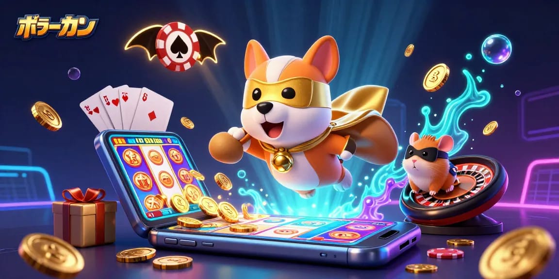 オンラインポーカーを楽しむ3Dキャラとスロットゲームを描いた賑やかなイラスト