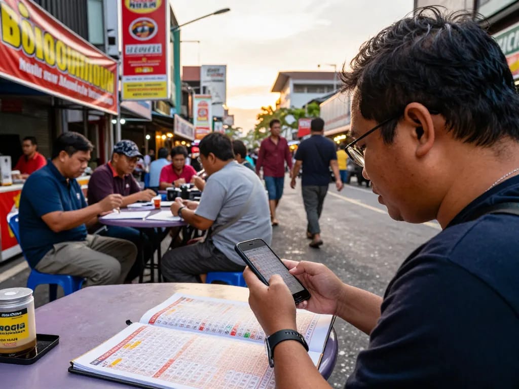 Keluaran HK results analysis in an urban street market, showcasing vibrant togel community atmosphere.