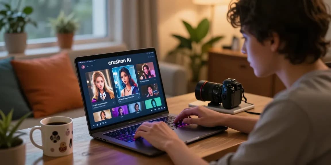 Engaging in nsfw chat ai on a laptop in a cozy home setting with colorful cushions.