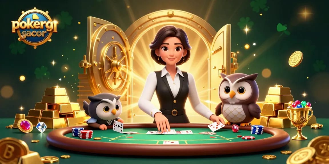 Engage with the vibrant world of pokergacor at a dynamic online poker table featuring a charismatic dealer.
