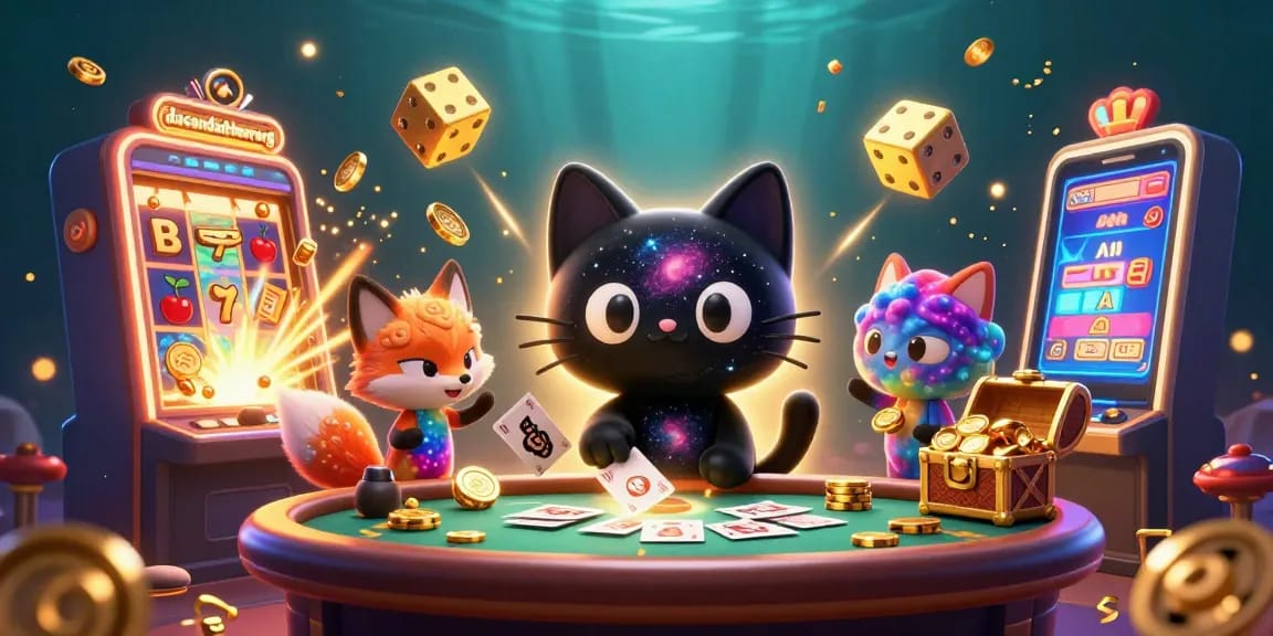 Experience thrilling gambling at dacsandatphanrang with animated cat and fox at a cosmic casino.