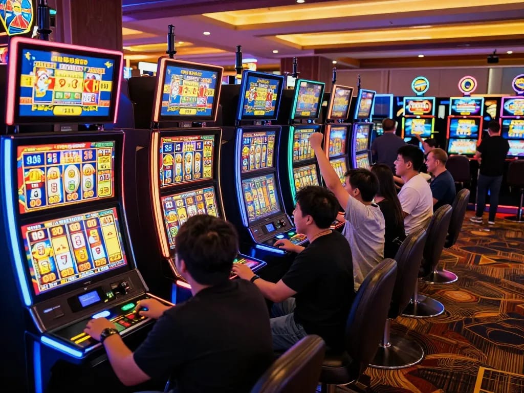 Pemain menikmati mesin slot dewi88, menangkap kegembiraan saat memenangkan jackpot di kasino yang ramai.