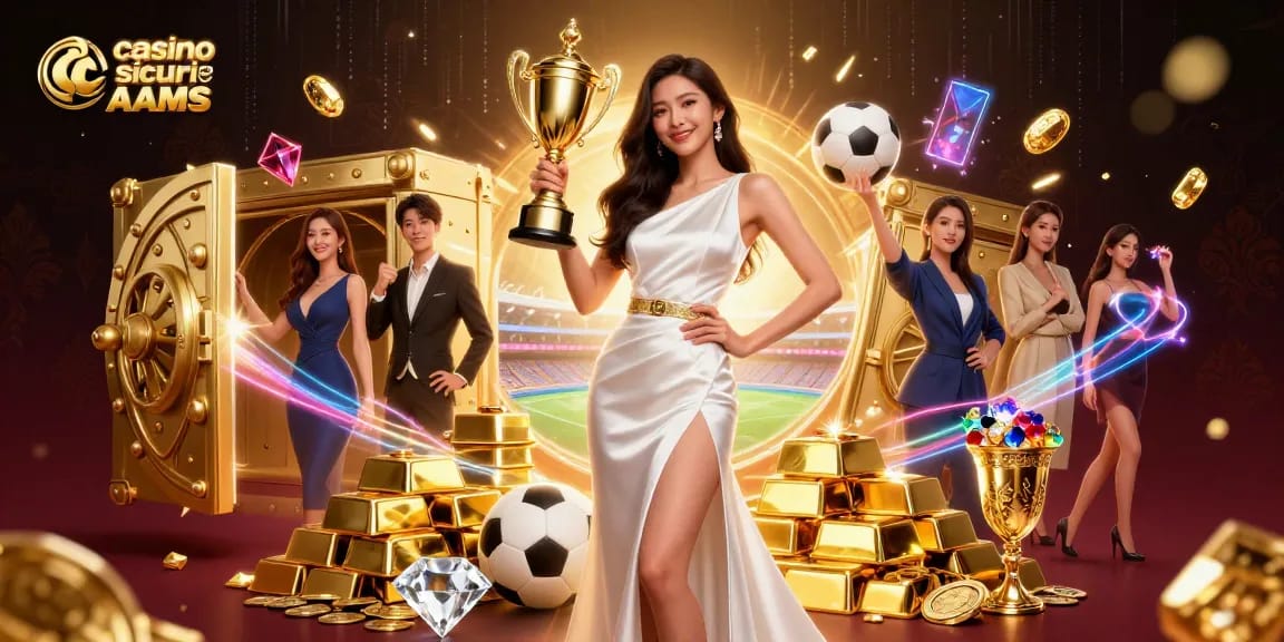 Celebrando la vittoria ai casino sicuri non AAMS con trofei d'oro, elementi di scommesse sportive e tesori preziosi.
