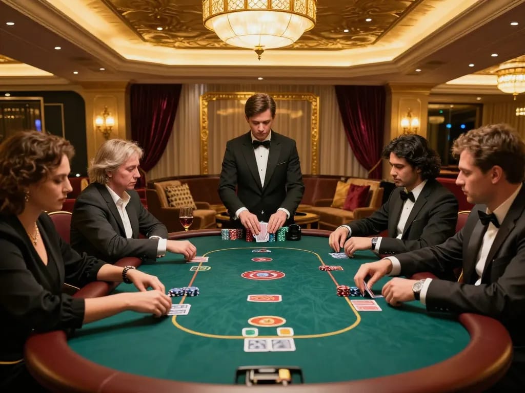 Engaged players strategizing their poker moves at a luxurious RR88 NAVY gaming table in an elegant VIP casino environment.