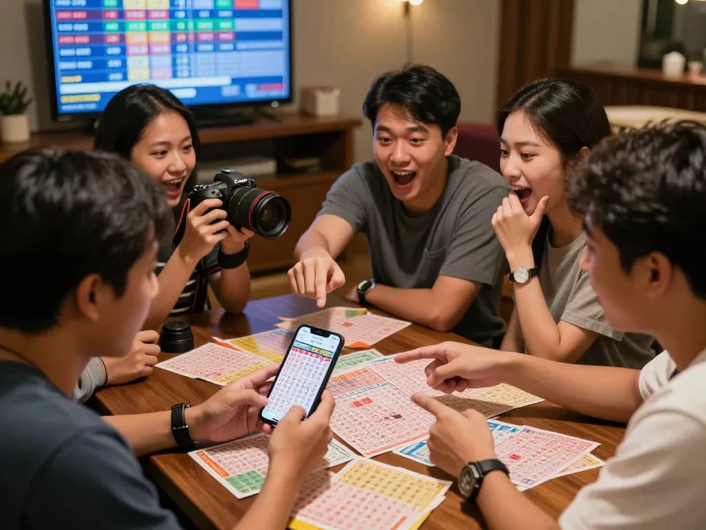 Keluaran HK lottery players excitedly discussing latest results and strategies in a cozy lounge