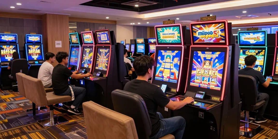 Engaged players enjoying online gaming at situs depo 5rb in a vibrant casino setting.