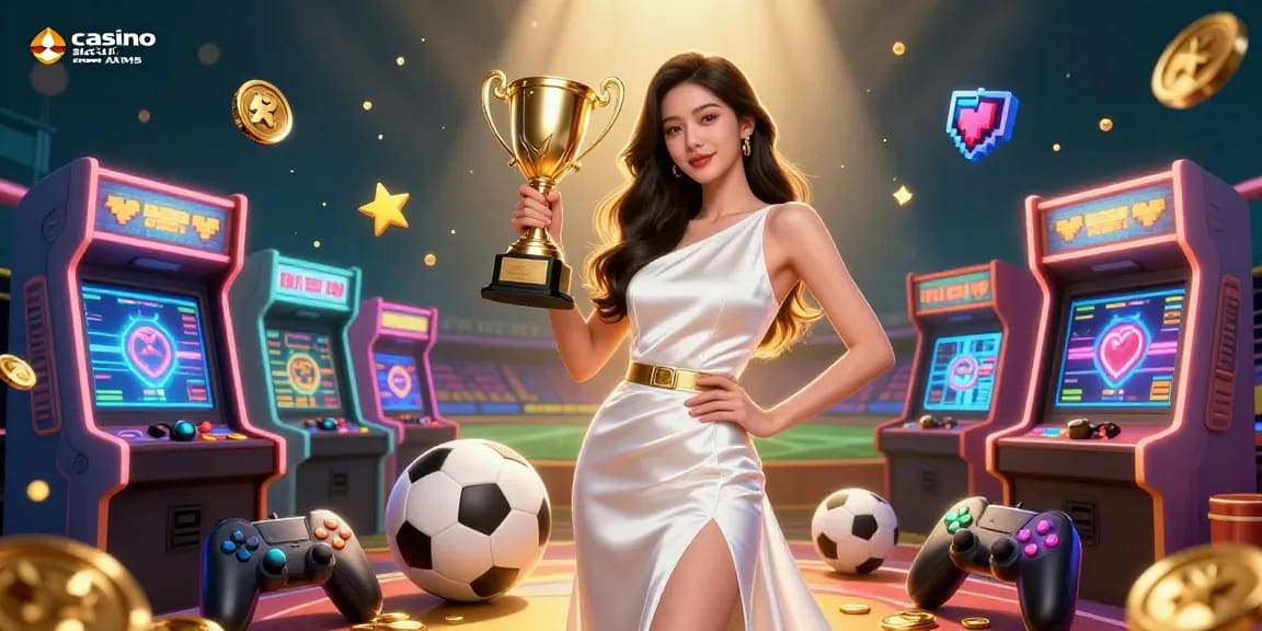 Vivi un momento vincente nei casino sicuri non AAMS con un giocatore sicuro che tiene un trofeo tra elementi di gioco vibranti.