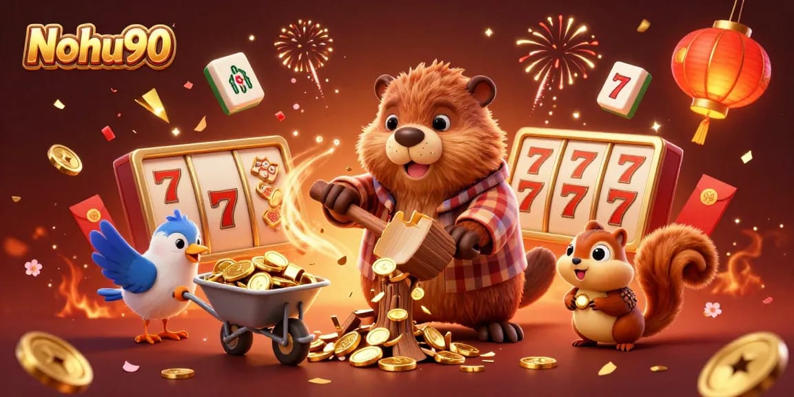Nohu90's vibrant casino scene depicts a playful beaver collecting golden coins, showcasing luck and excitement.