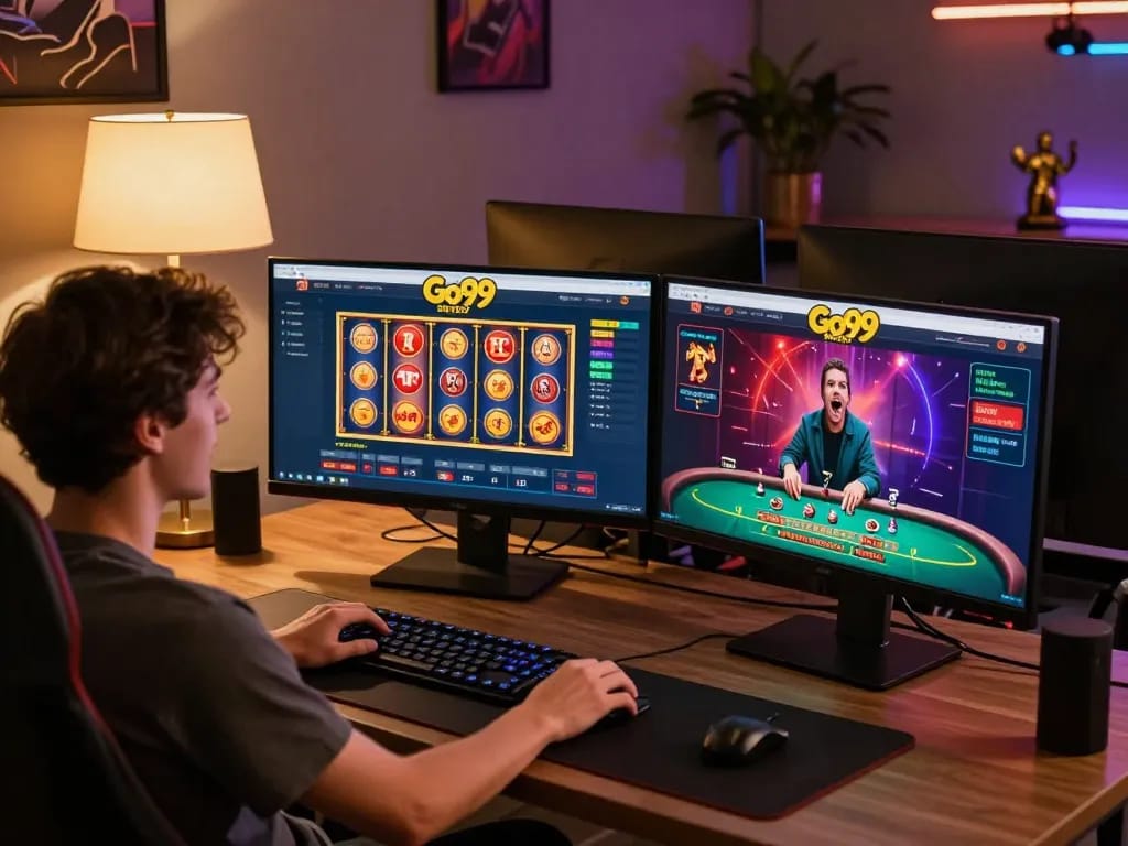 Engaging with the Go99 online casino app, showcasing live dealer games and vibrant slot reels.