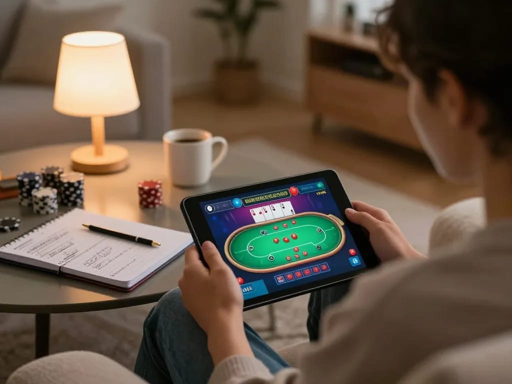 Engaging poker gameplay on a tablet during home gaming session, highlighting 包网 strategies.