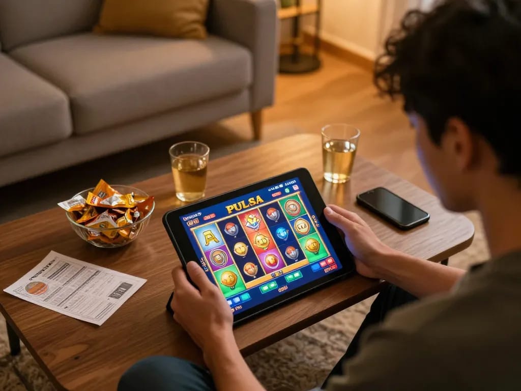 Engaging online slot pulsa gaming session with colorful game interface and cozy atmosphere.