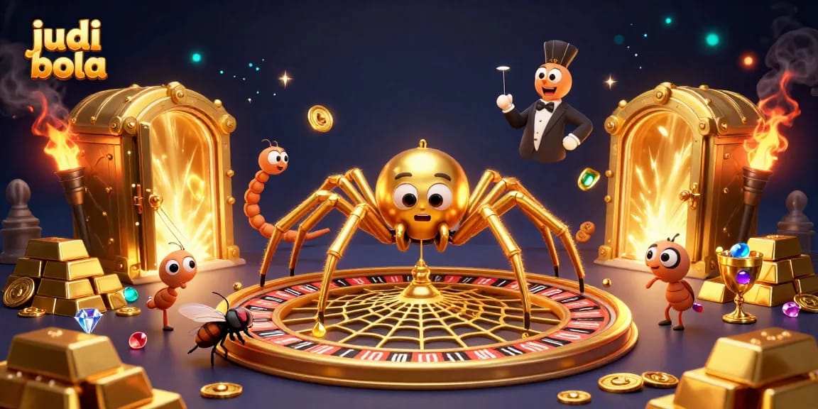 Engage in judi bola betting with a lively scene of a fly nervously placing bets around giant treasures.