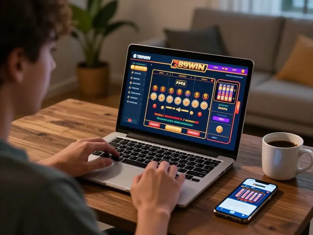 Engaging with online games on 789winf in a cozy home setup with laptop and smartphone.