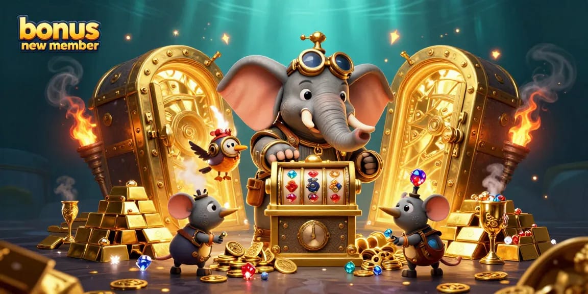 Engage with the bonus new member promotion as the steampunk elephant operates a slot machine.