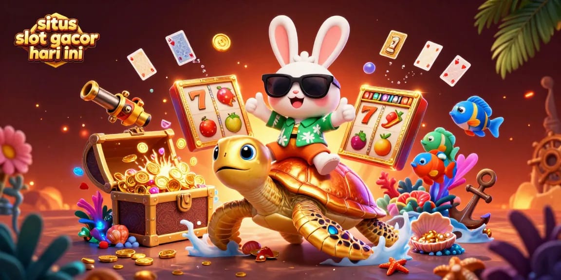 Rasakan sensasi kemenangan dengan situs slot gacor hari ini yang menampilkan kelinci kartun dan penyu laut dikelilingi simbol permainan yang berwarna-warni.