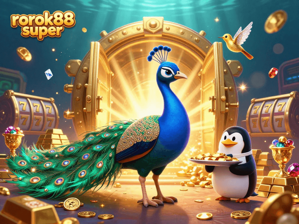 Engage with rokok88 super in this lively casino-themed illustration featuring vibrant slot elements.