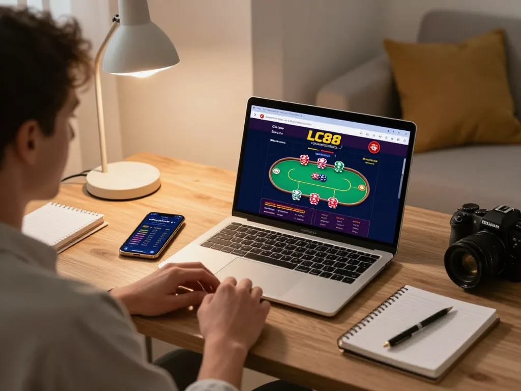 Engaging in online gaming with lclc88, showcasing a modern setup with poker and strategy notes.