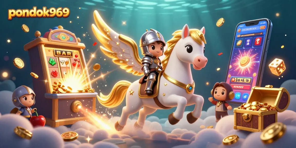 Pondok969 players spin slots surrounded by a dazzling explosion of coins and game symbols.