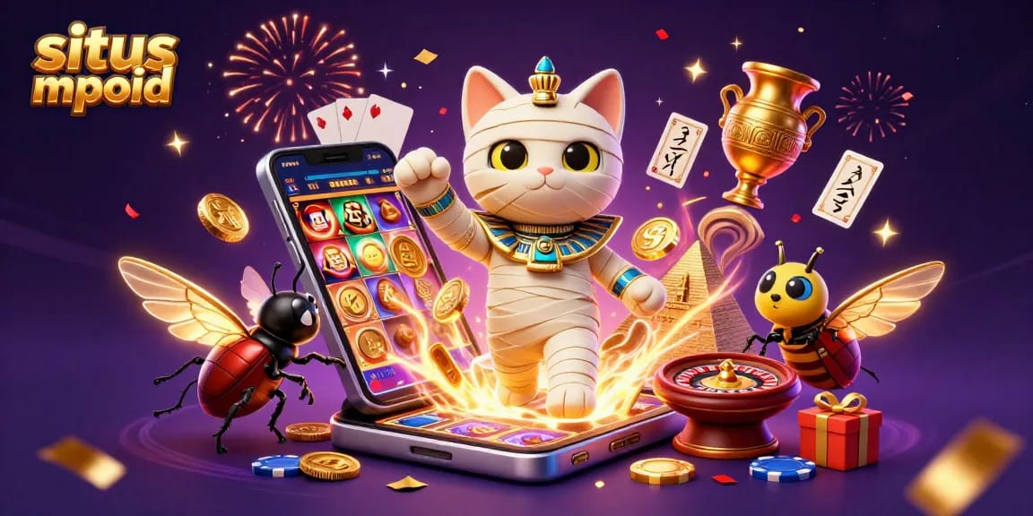 Engage with situs mpoid's vibrant casino experience featuring a mummy cat and ancient treasures.