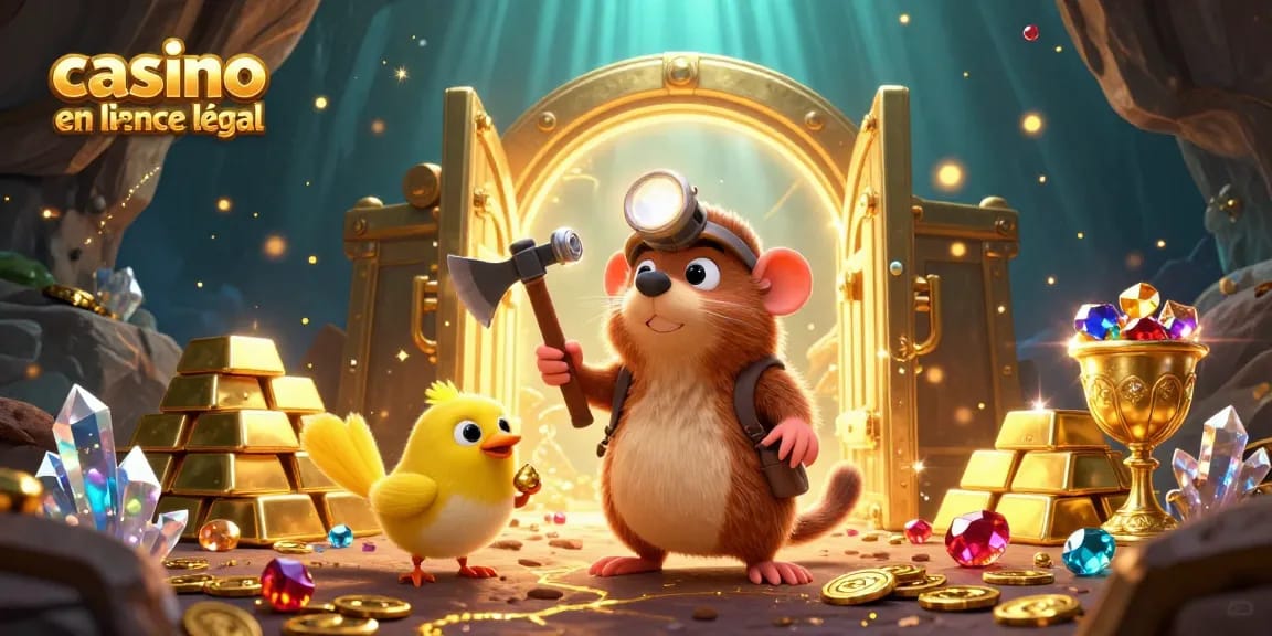 Interagissez avec le casino en ligne légal en France à travers une scène ludique mettant en vedette un taupe chasseur de trésor et un canari.