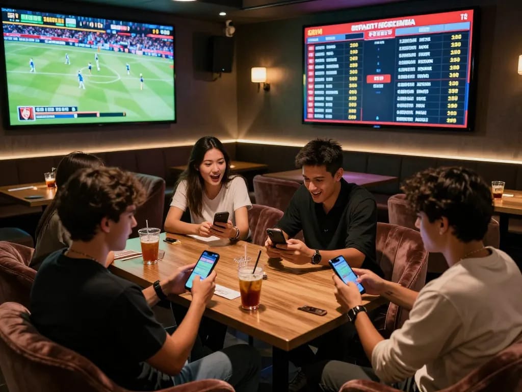Engaging friends placing bets using dagelan4d link at a vibrant sports betting lounge