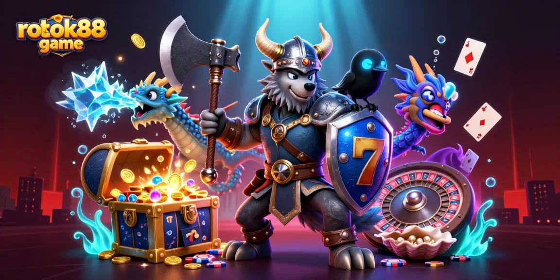 Engage with rokok88 game through a vibrant scene of a Viking wolf warrior, dragon, and treasures.