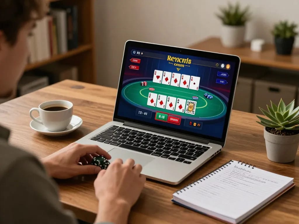 Player enjoying online poker at home using 23win for strategic gameplay and betting.