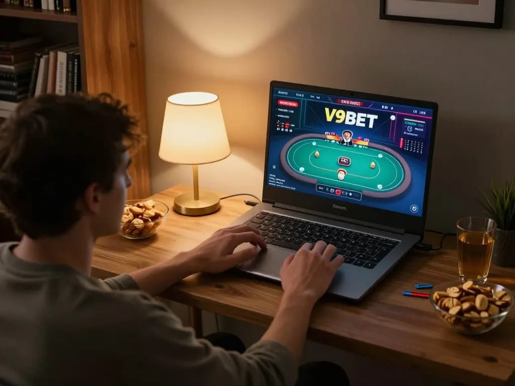 Person engaging in V9BET online casino gaming at home with a laptop and ambient lighting
