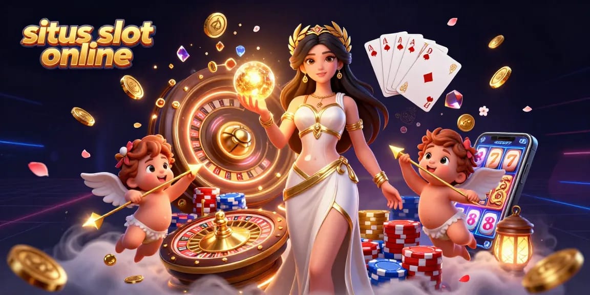 Engage in situs slot online with vibrant visuals of lady luck and gaming symbols swirling around.