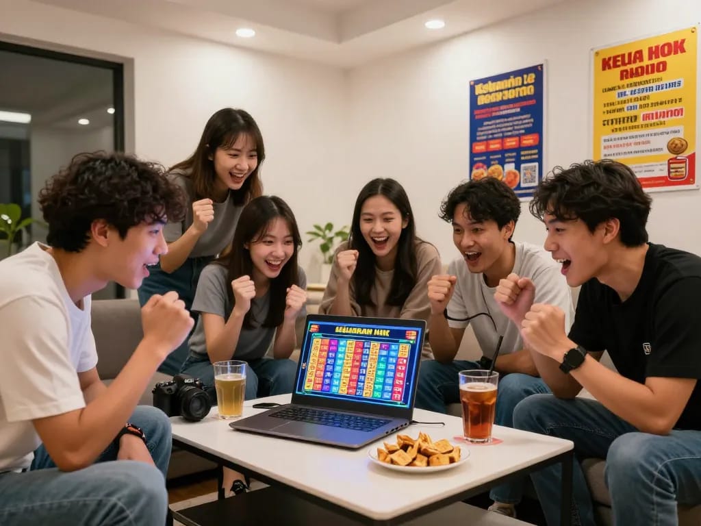 Excited group watching Keluaran HK live results on a laptop during a friendly gathering.