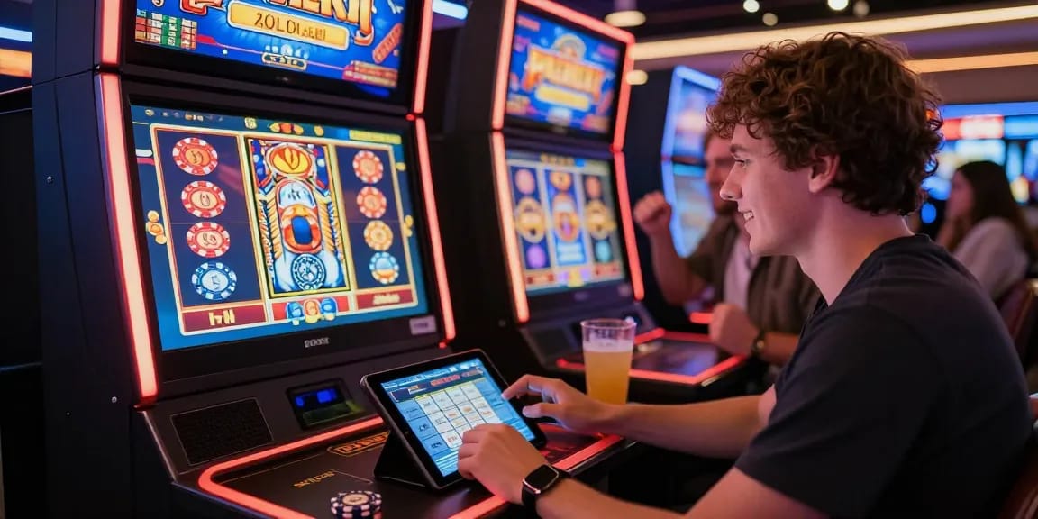 Engaging in a slot deposit dana game on a tablet amidst casino excitement