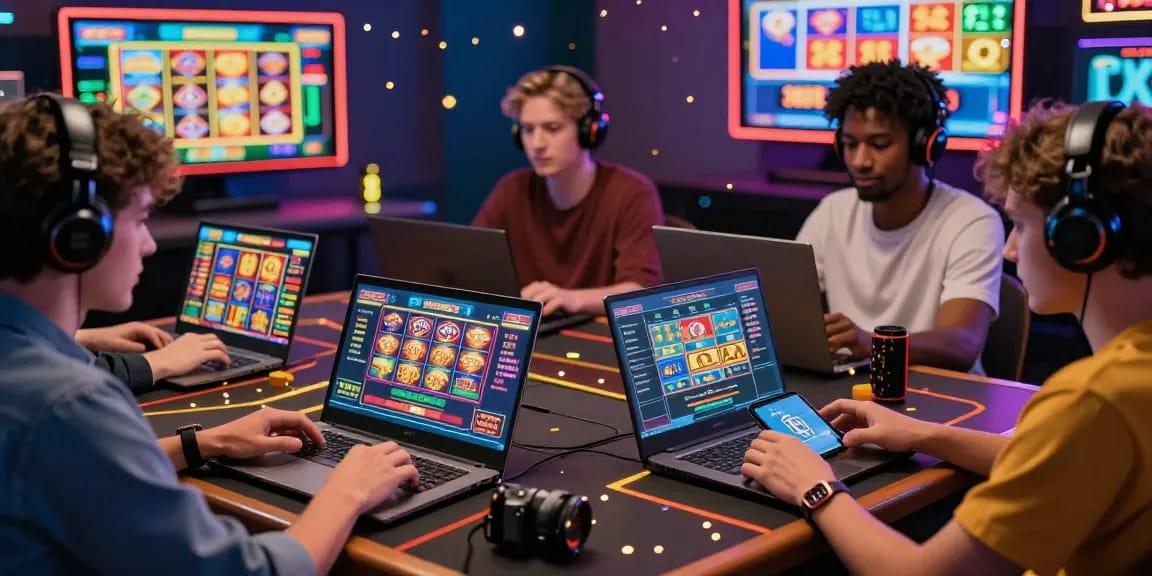 Engaging online gaming scene showcasing players on laptops and smartphones at https://xx88.se.net/ amidst vibrant graphics and energetic atmosphere.