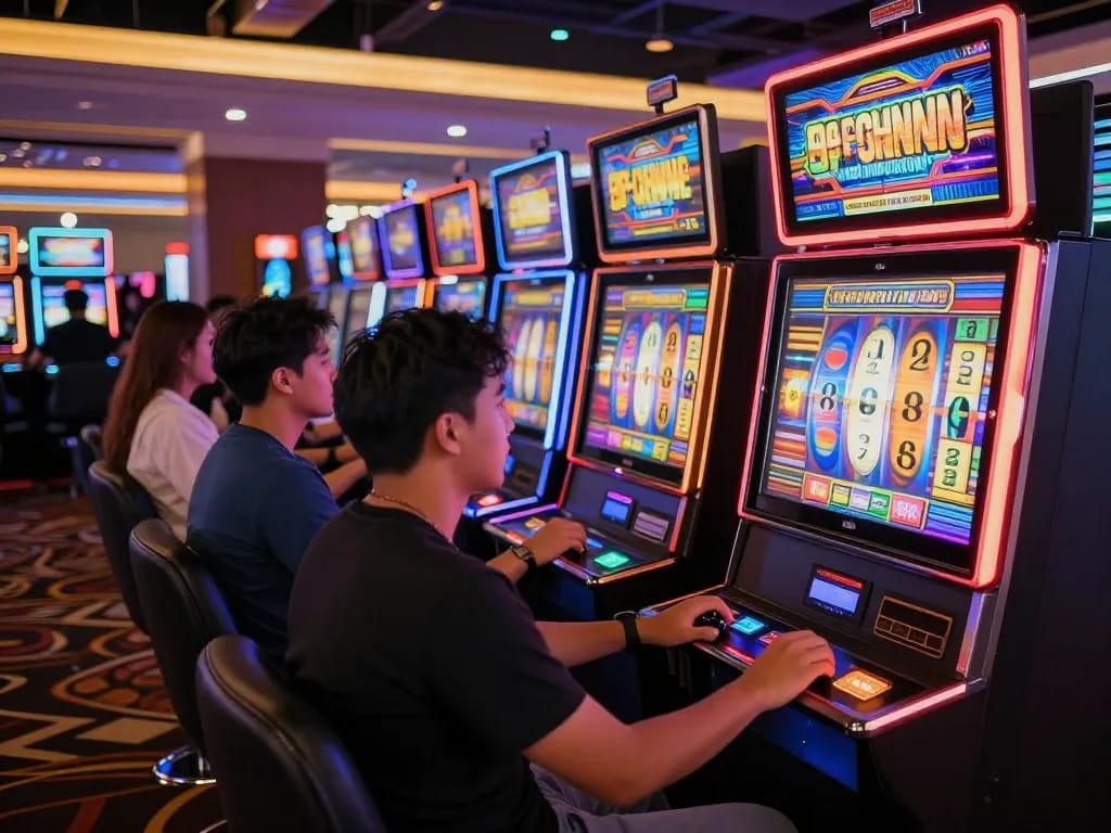 Engaging gameplay on slot gacor machines in a lively casino atmosphere, players enjoying their gaming experience.