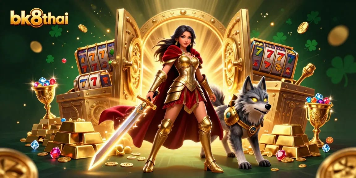 Experience the excitement of bk8thai with a stunning warrior queen, jackpot symbols, and treasure in a dynamic casino scene.
