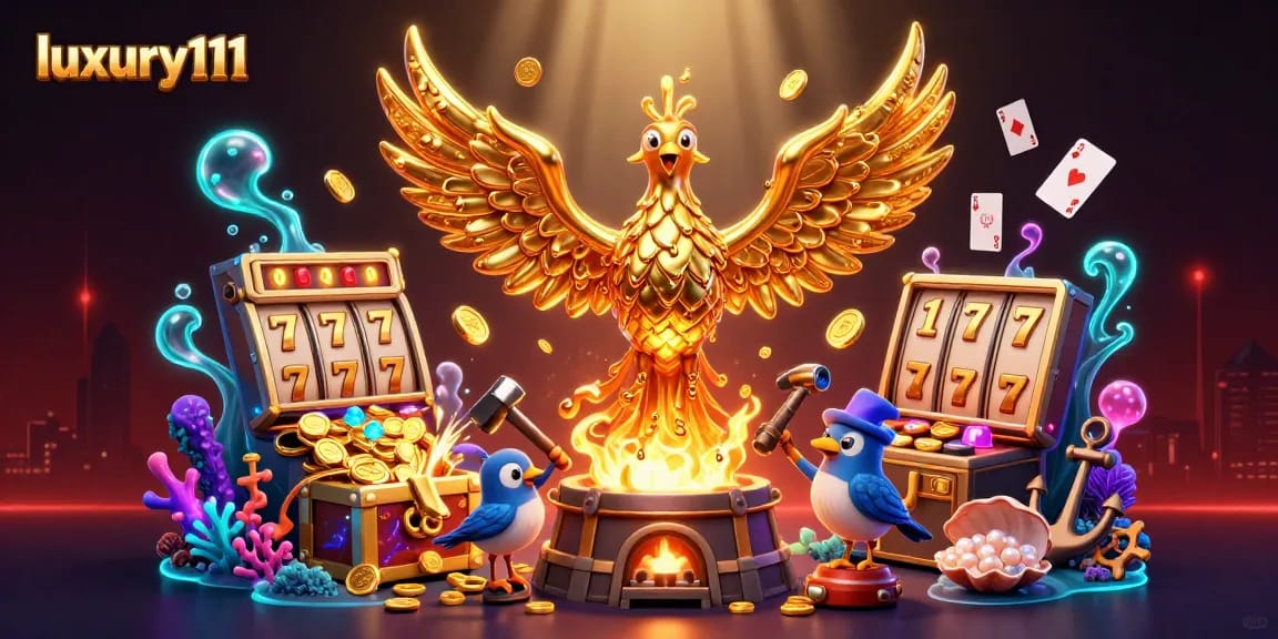 Experience the excitement of luxury111 with vibrant slot reels and a dynamic golden phoenix illustration.