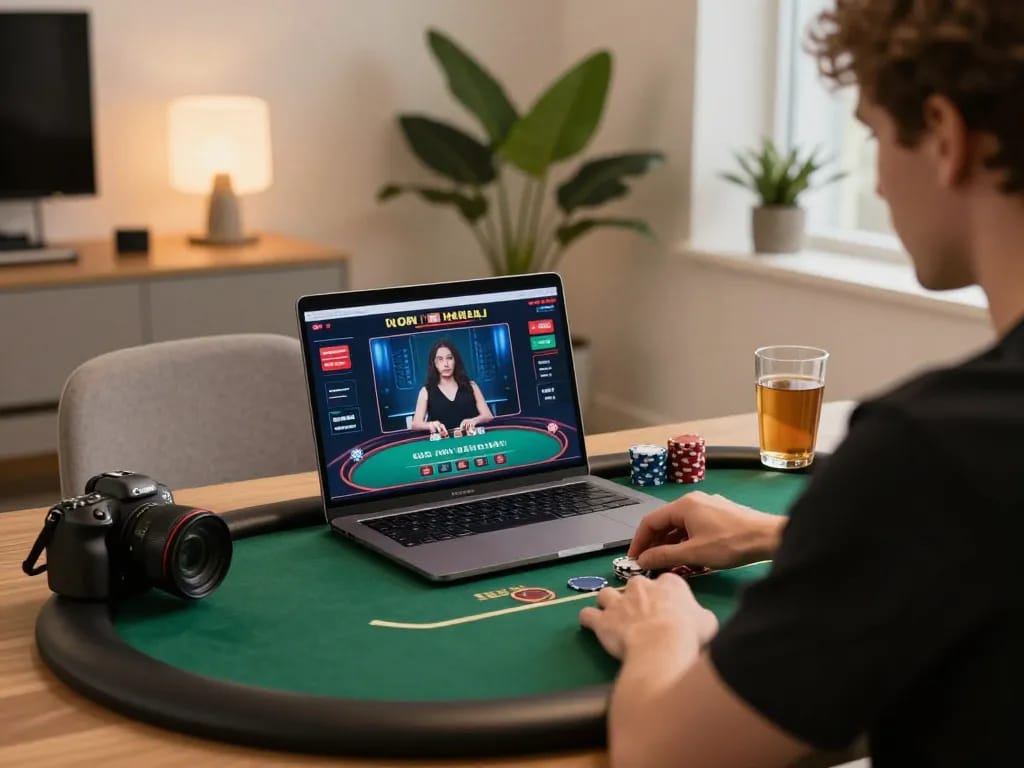 Engaging poker gameplay on the LC99 online platform featuring a warm home setup with vibrant screen displays.